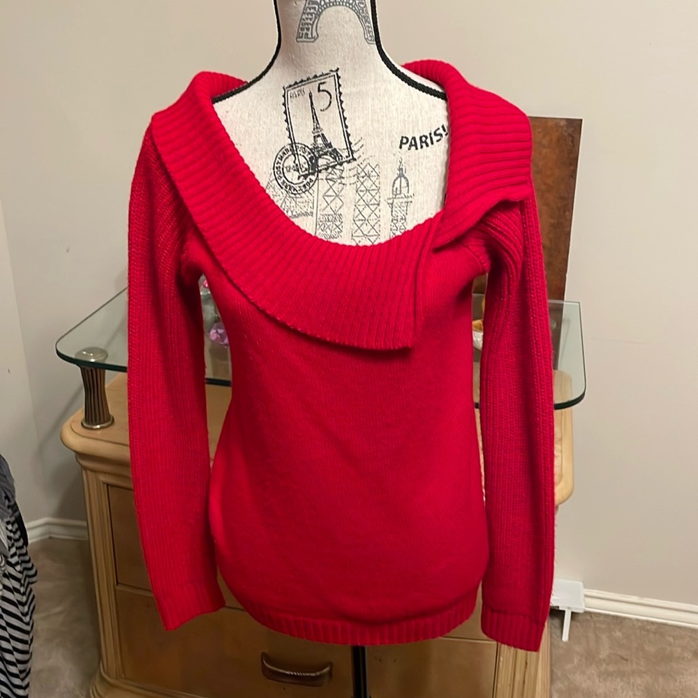AZI Red Knit Sweater-Asymmetrical Open Collar Neckline-Long Sleeve-Pull On